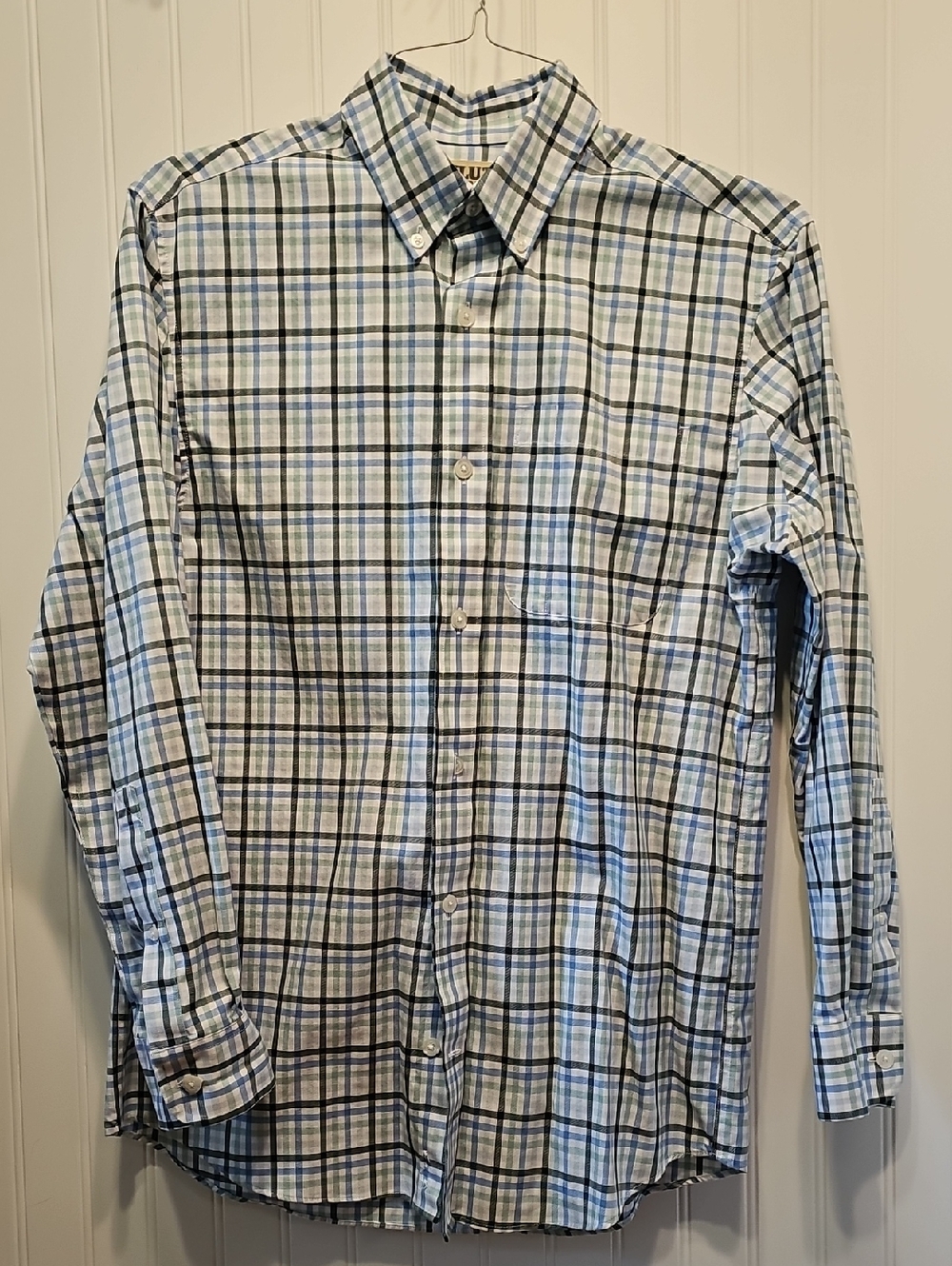 Duluth Trading Wrinklefighter Men's S Blue, Green, White Plaid Button-Down Shirt